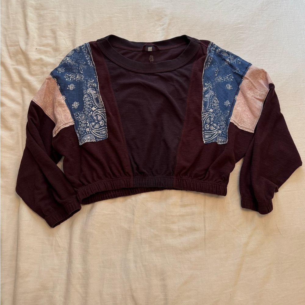 Free People Burgundy and Blue Patchwork Crop Top
